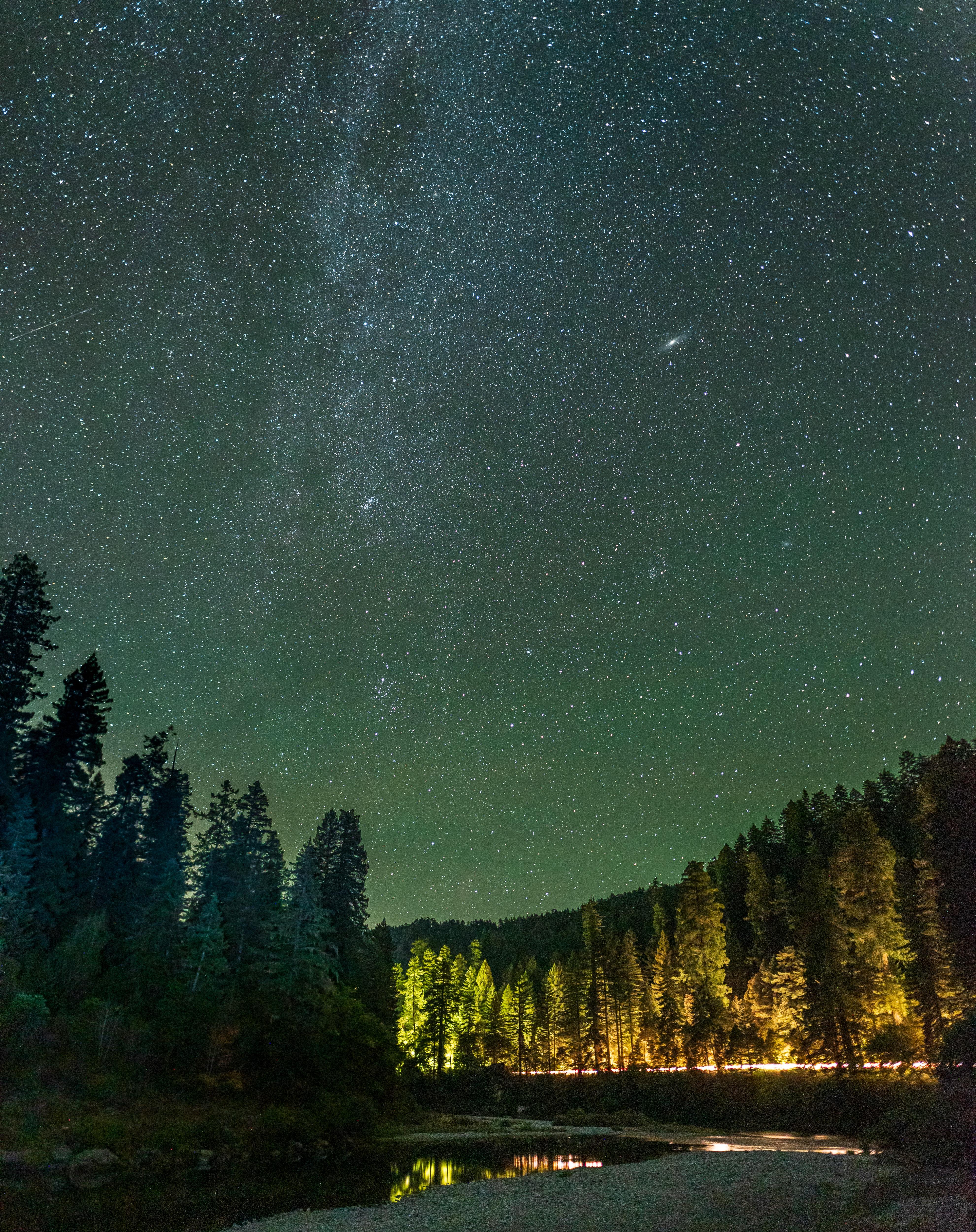 A star-filled night covers a redwood forest with the Smith River traveling through it.