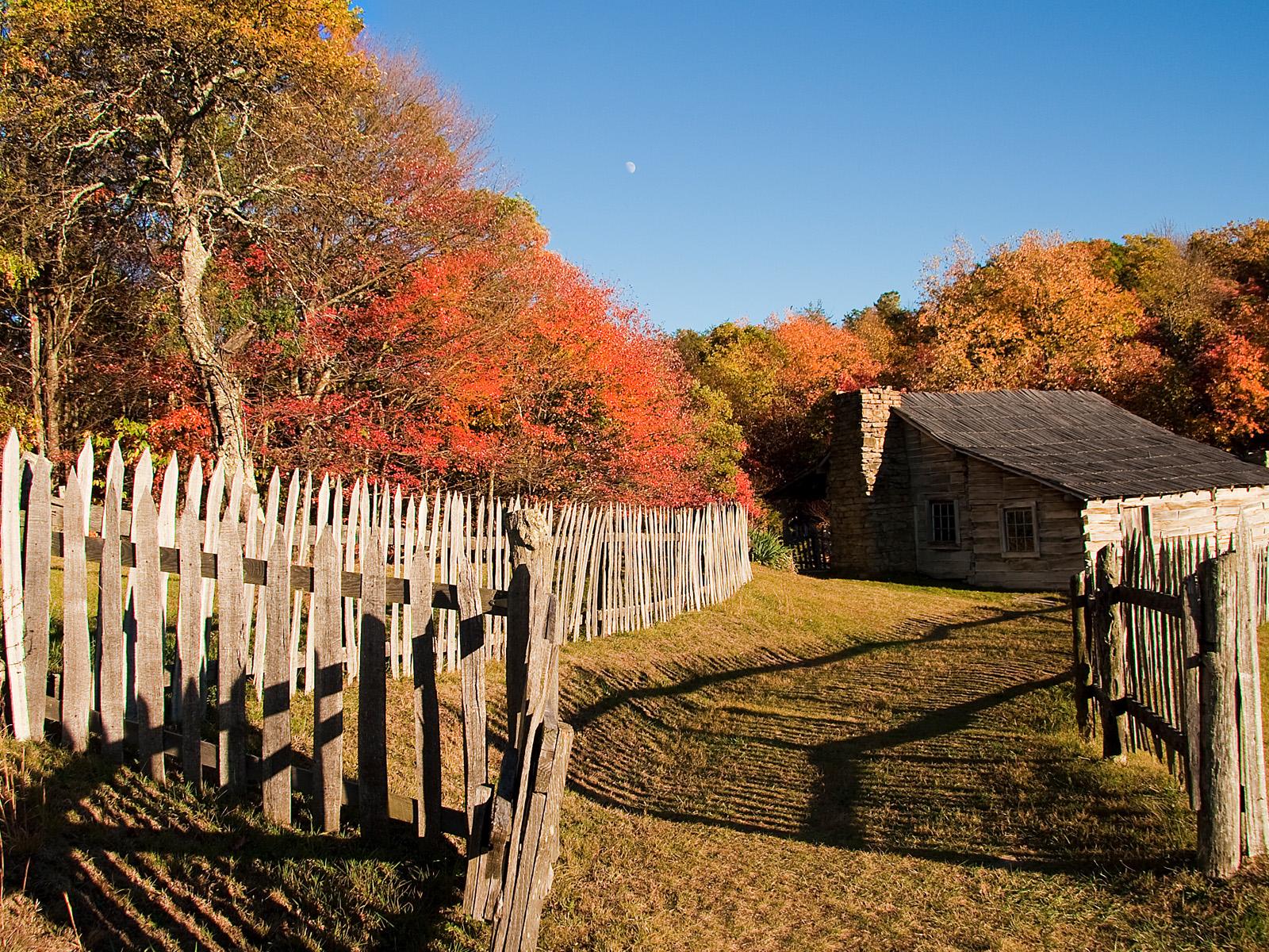 Fall scene at Hensley settlement with fall-colored trees and historic cabins.
