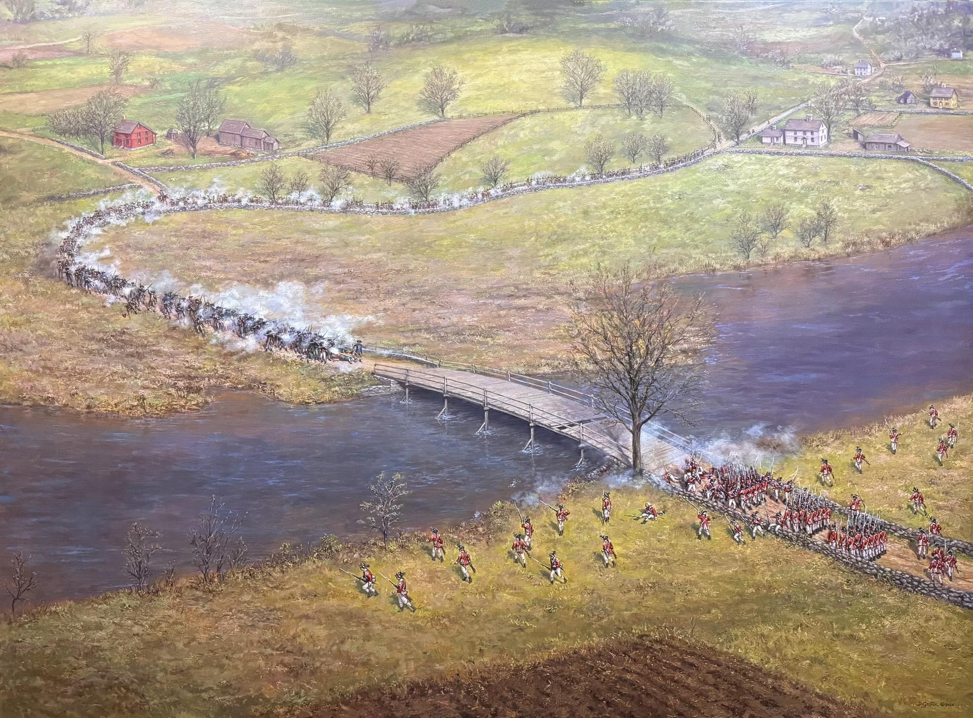 A painting of the North Bridge battle with a long column of minute men firing at British soldiers