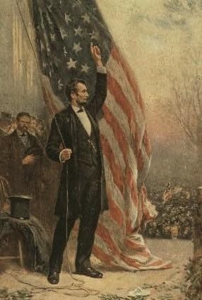 color drawing of Abraham Lincoln with the flag behind him