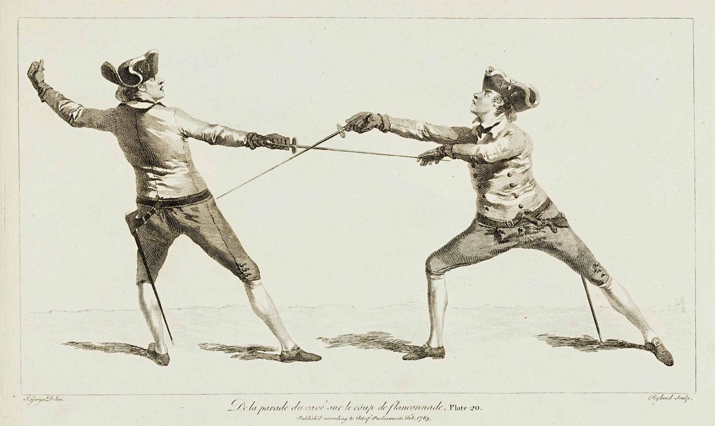 historical engraving of two men dueling with swords