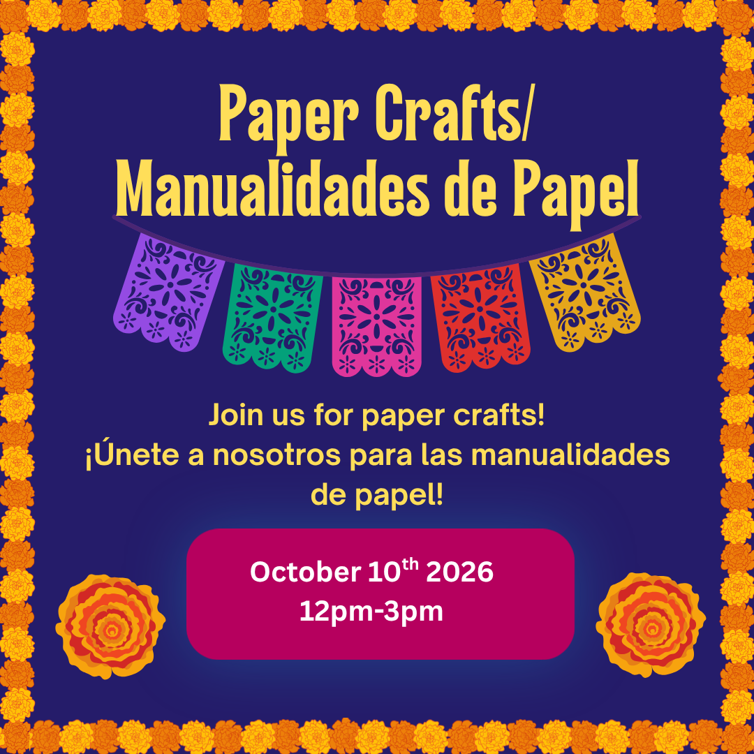 Purple square describing this program. Has a border of illustrated blossoms and paper art in center.
