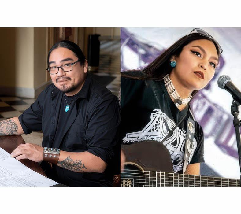 Two portraits show a middle-aged man at a desk, and a 20-something woman playing guitar
