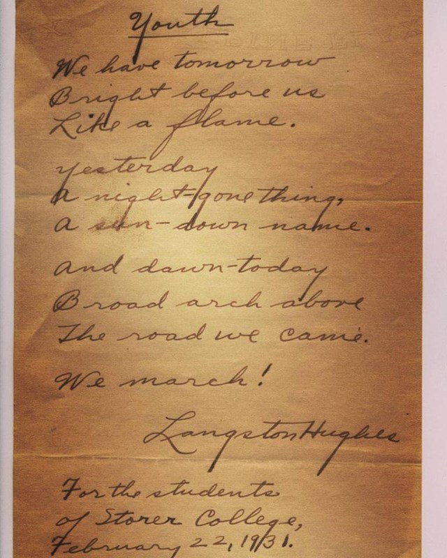 photo of handwritten poem called Youth, by Langston Hughes, written on February 22, 1931