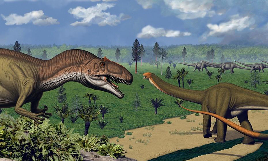 A long-necked dinosaur and a dinosaur with sharp teeth and mouth agape stand in a lush landscape.