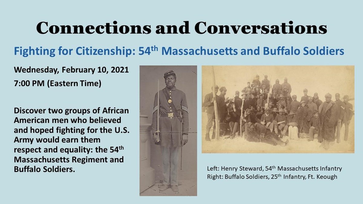 Image of soldier from 54th MA and group of Buffalo Soldiers with descriptive text.