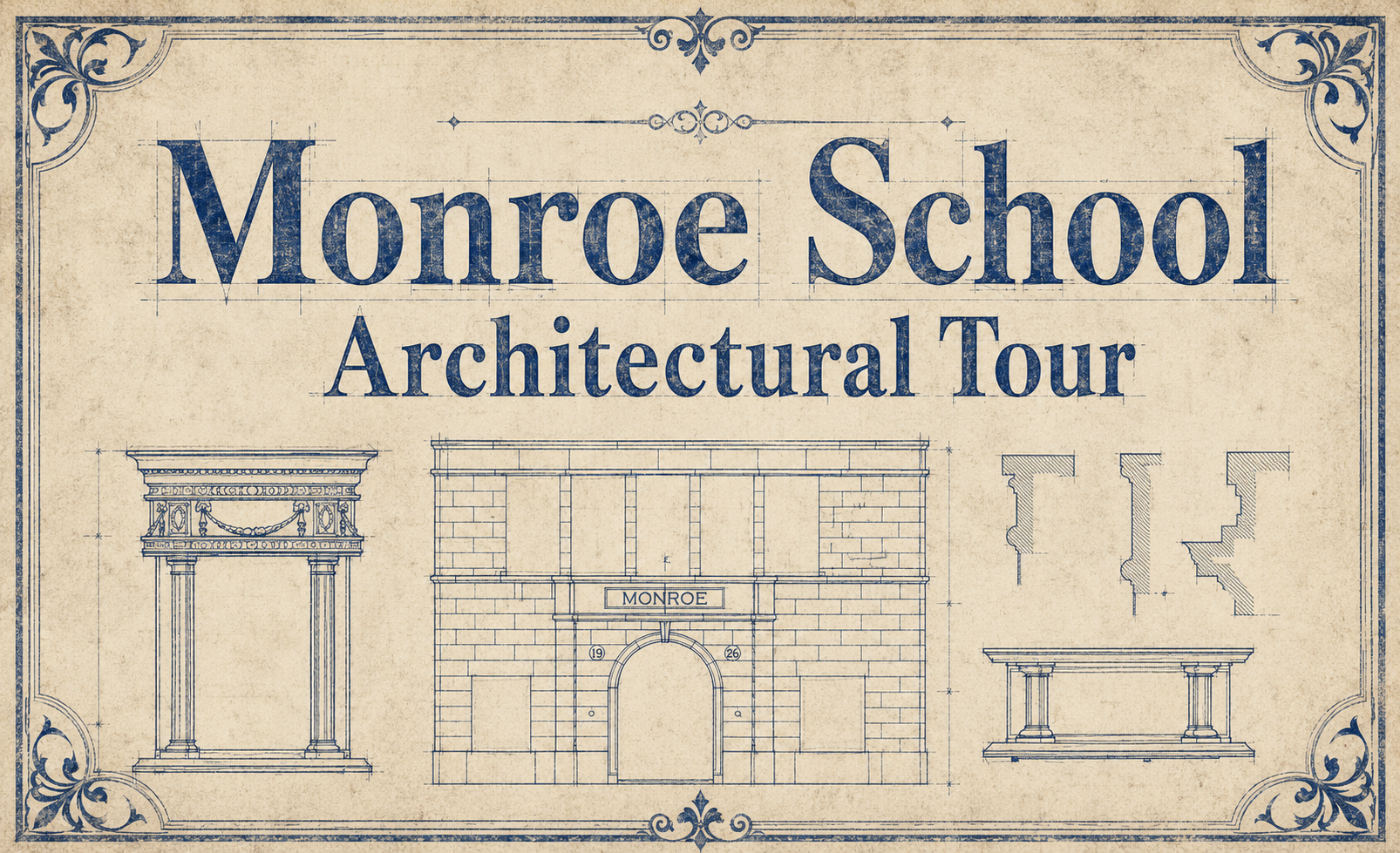 A architectural map showing the front of Monroe Elementary School.