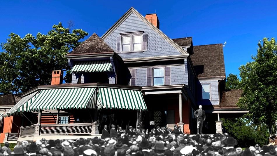 View of the West Side of the Roosevelt Home with Superimposed Black and White Photos