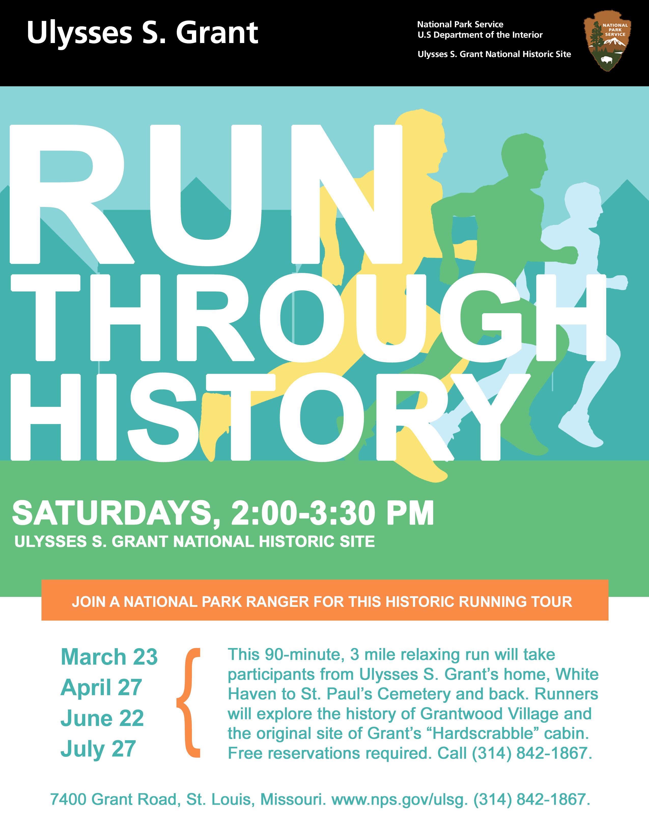 Blue, green, and orange colored flier for Run Through History. Includes tour dates and description.