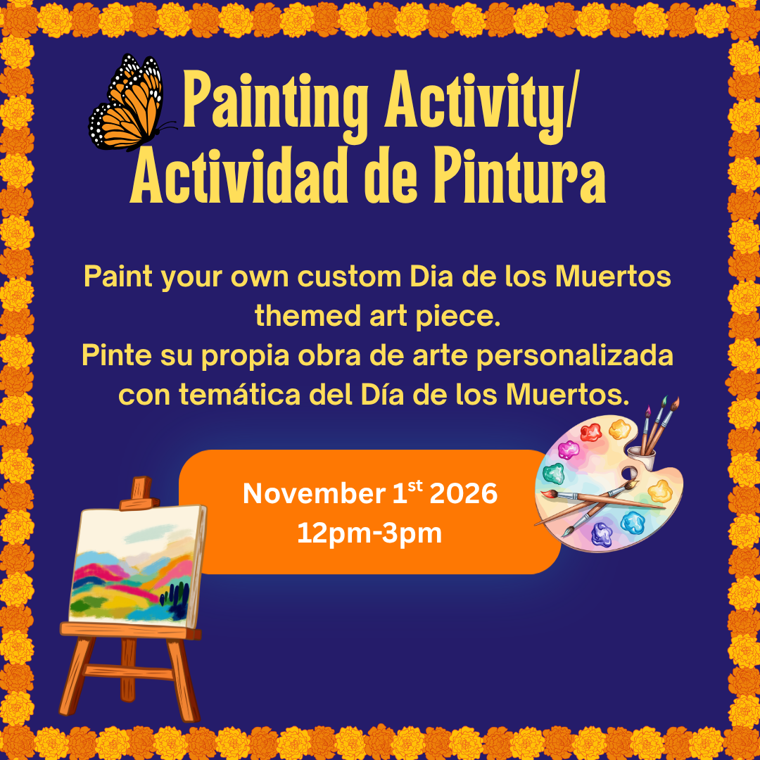 image includes text describing the program. it has a flower border, canvas on easel, paint palette