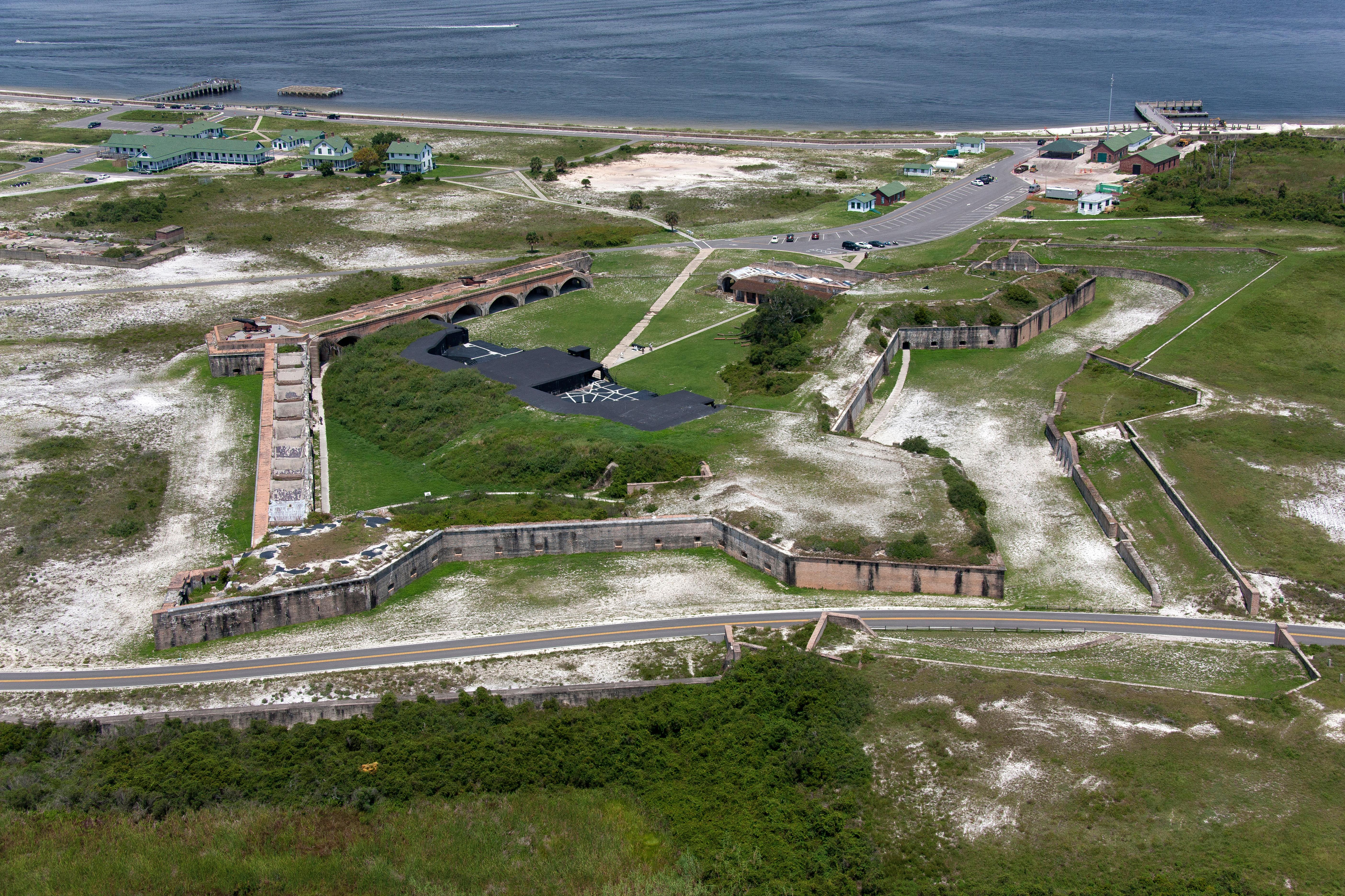Aerial image of a brick building.