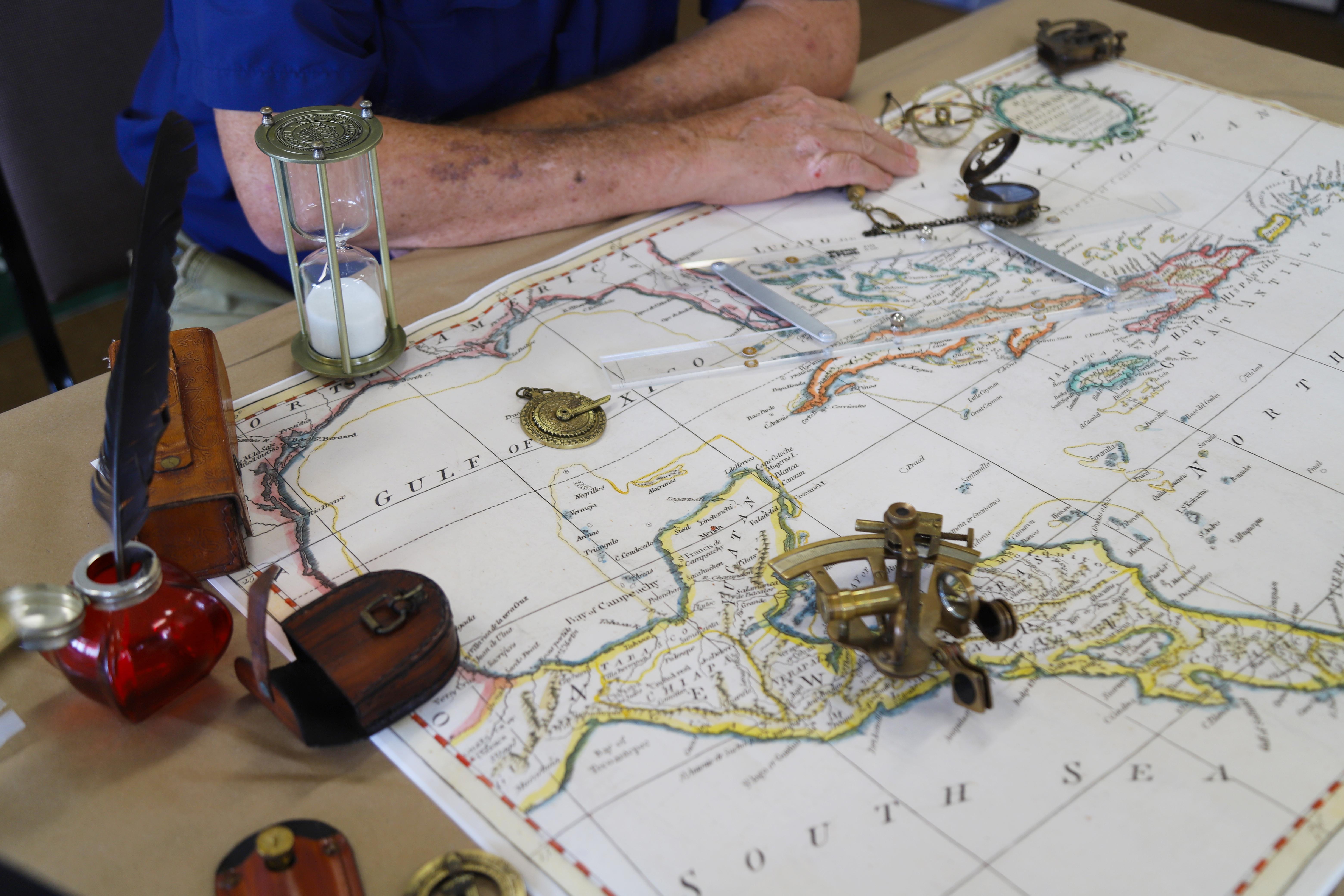 A map and several navigational tools.