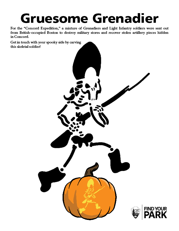 A skeleton pumpkin stencil for Halloween. It shows a skeleton British soldier with musket.