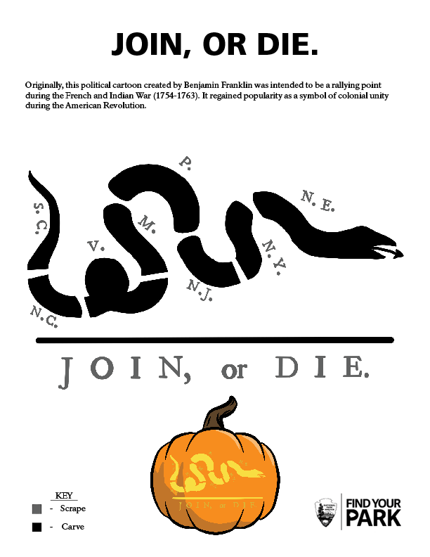 A pumpkin stencil of the join or die flag with a snake cut into pieces labeled for colonies.