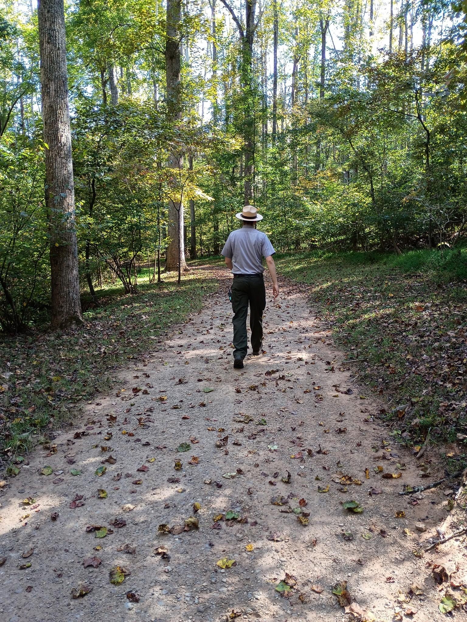 A park ranger walks down a forested trail.