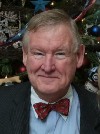 A man wearing a blue pinstripe blazer and red bow tie.