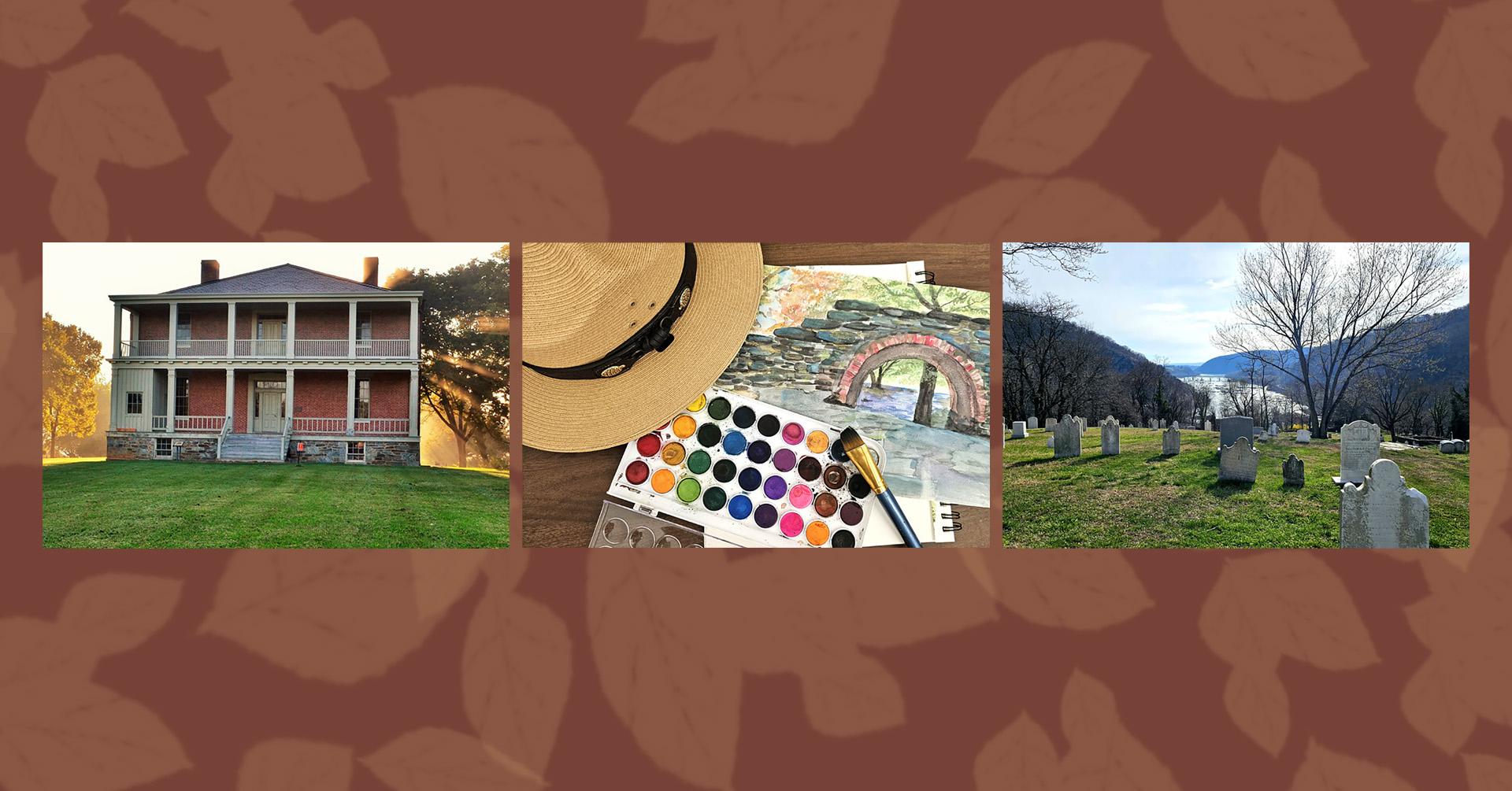 Photos of a historic building, a paining in progress next to a park ranger hat, and an old cemetary.