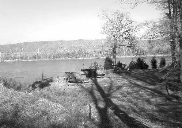 Cumberland River with cannons in black and white