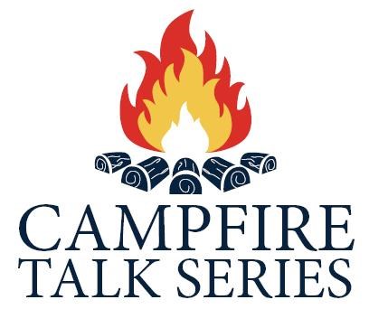 Drawing of campfire with red, orange, and white flames with blue logs over