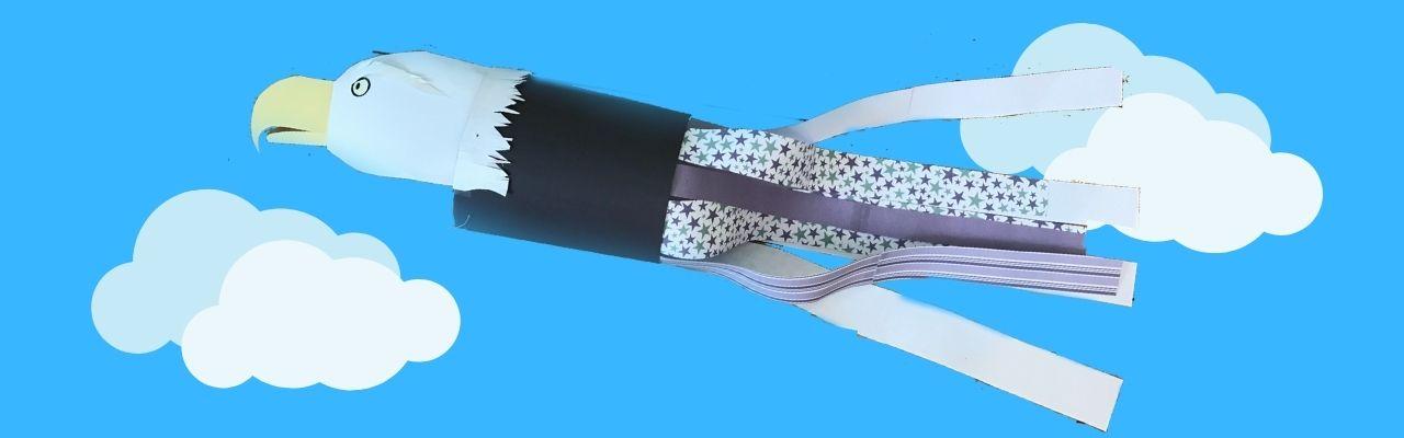 Windsock with a bald eagle head attached to one side.