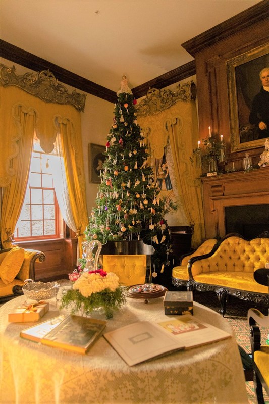 Christmas tree in a Victorian-era sitting room.
