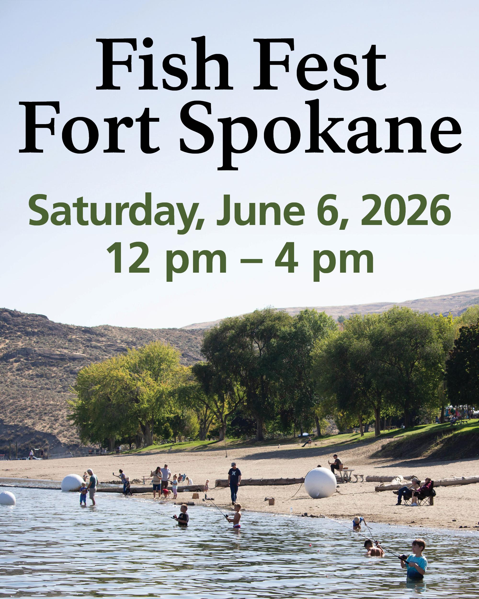 Image of children and adults, waist deep in the water, fishing. Text advertises the event above.