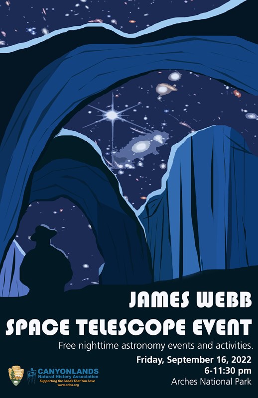 illustration in dark blues and black of a ranger silhouette and stone arches with star-filled sky