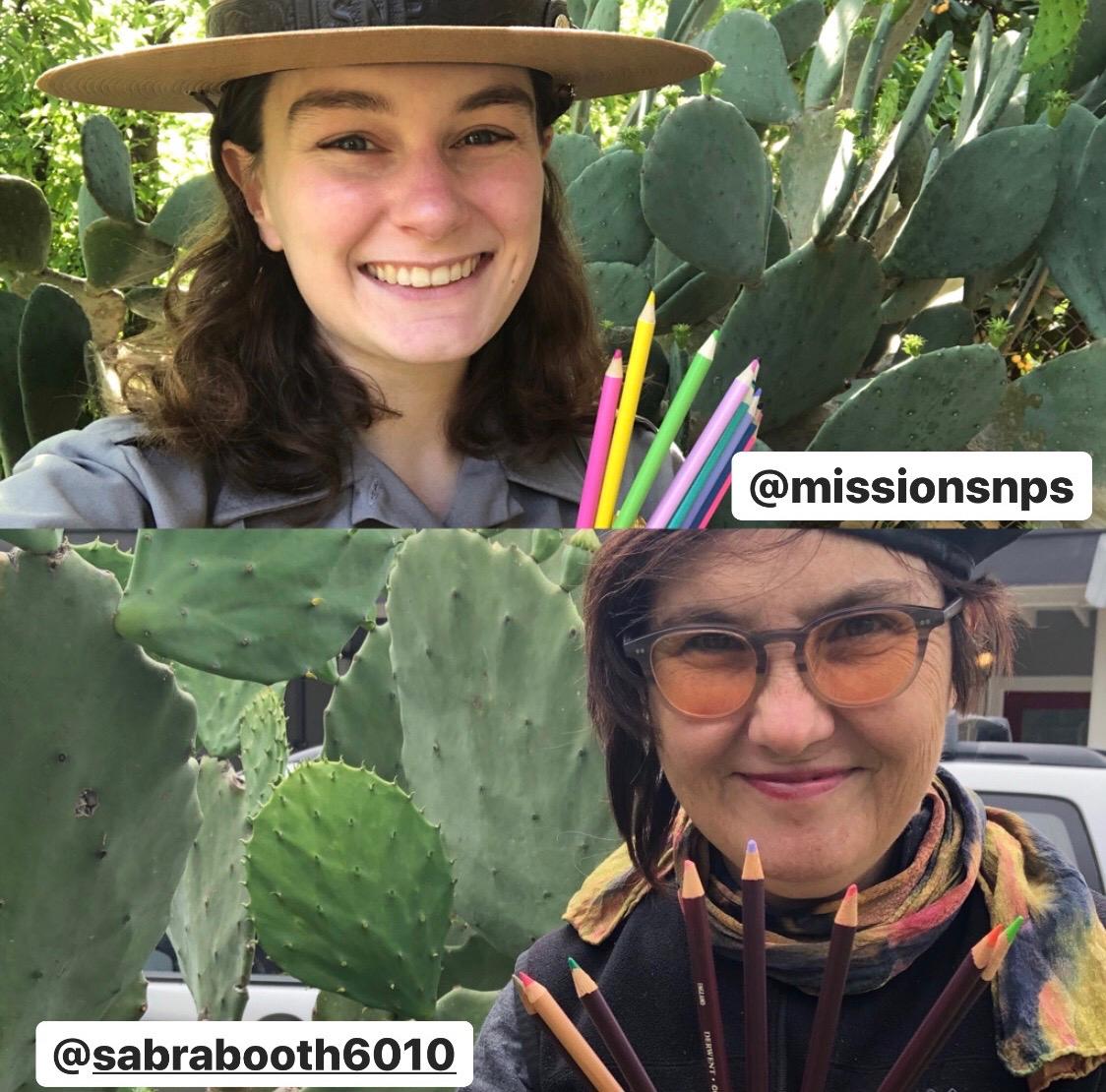 Ranger Justine and Artist-in-Residence Sabra Booth pose in front of a prickly pear with pencils.