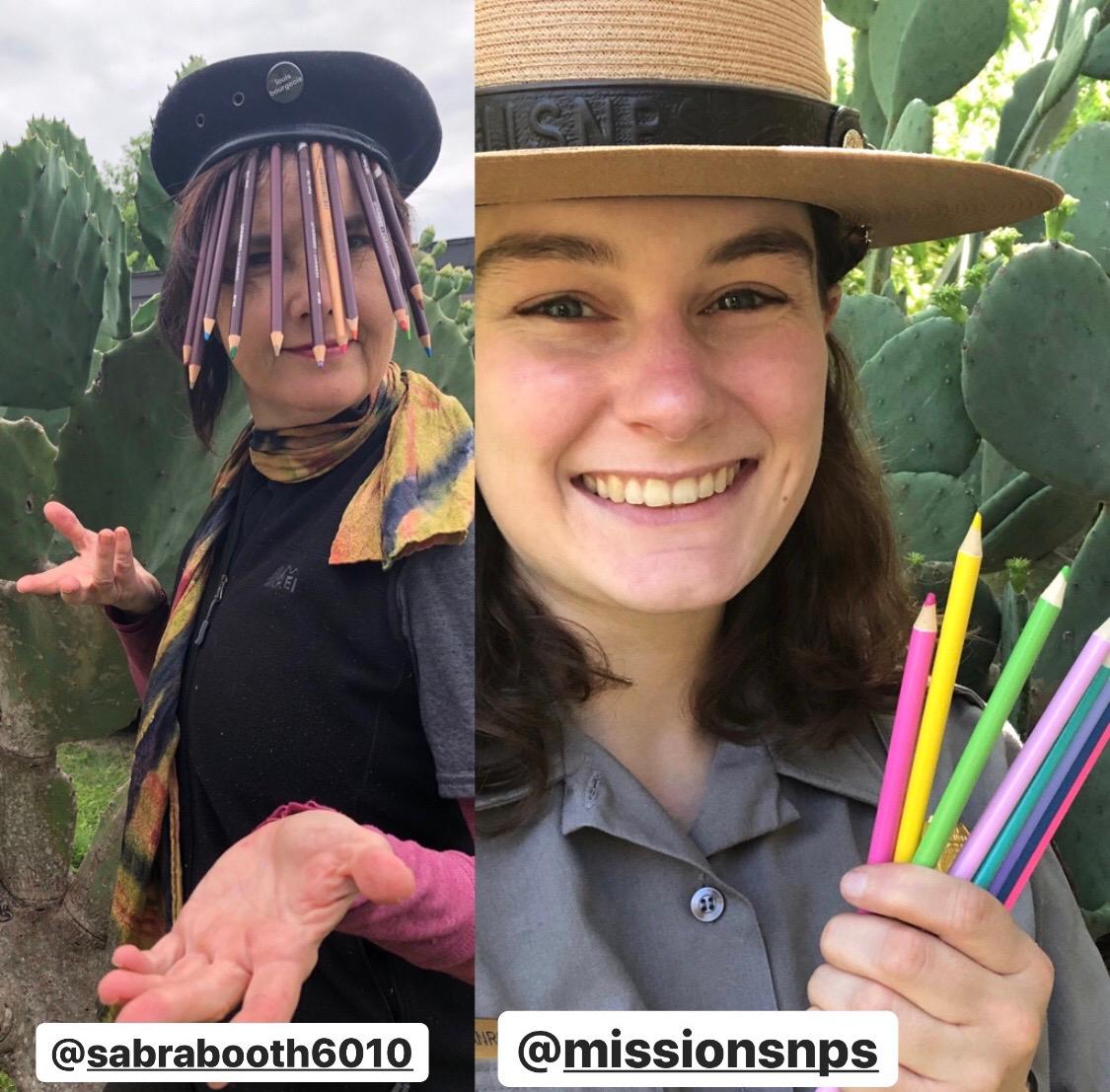 Artist-in-Residence Sabra Booth and Ranger Justine pose with colored pencils