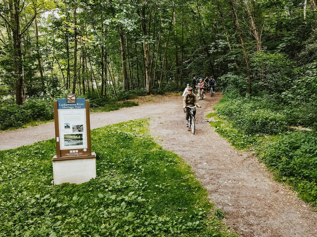 A group of cyclists merge right, following LHVA bike path into the woods
