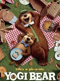 Two cartoon bears lying on grass surrounded by picnic baskets.