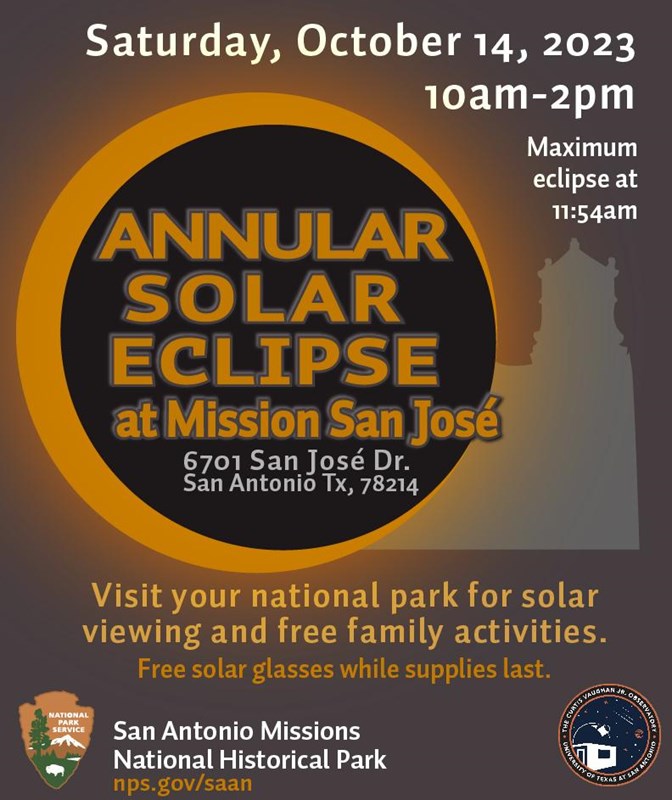 Solar Eclipse Flyer with a sun eclipse image in front of a mission church.