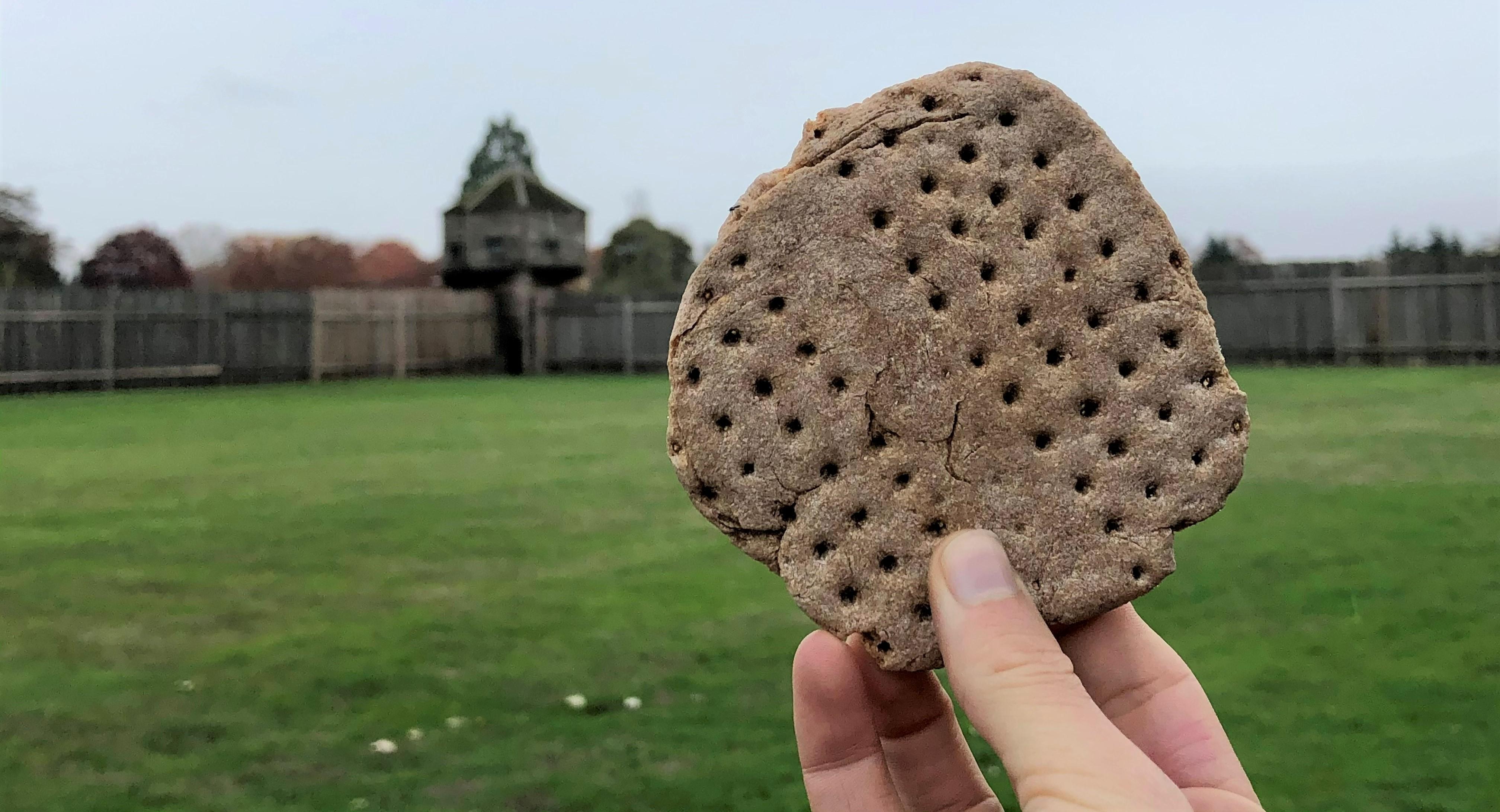 Foreground: tan, round sea biscuit being held by a caucasian hand. Background: Wooden fort bastion.