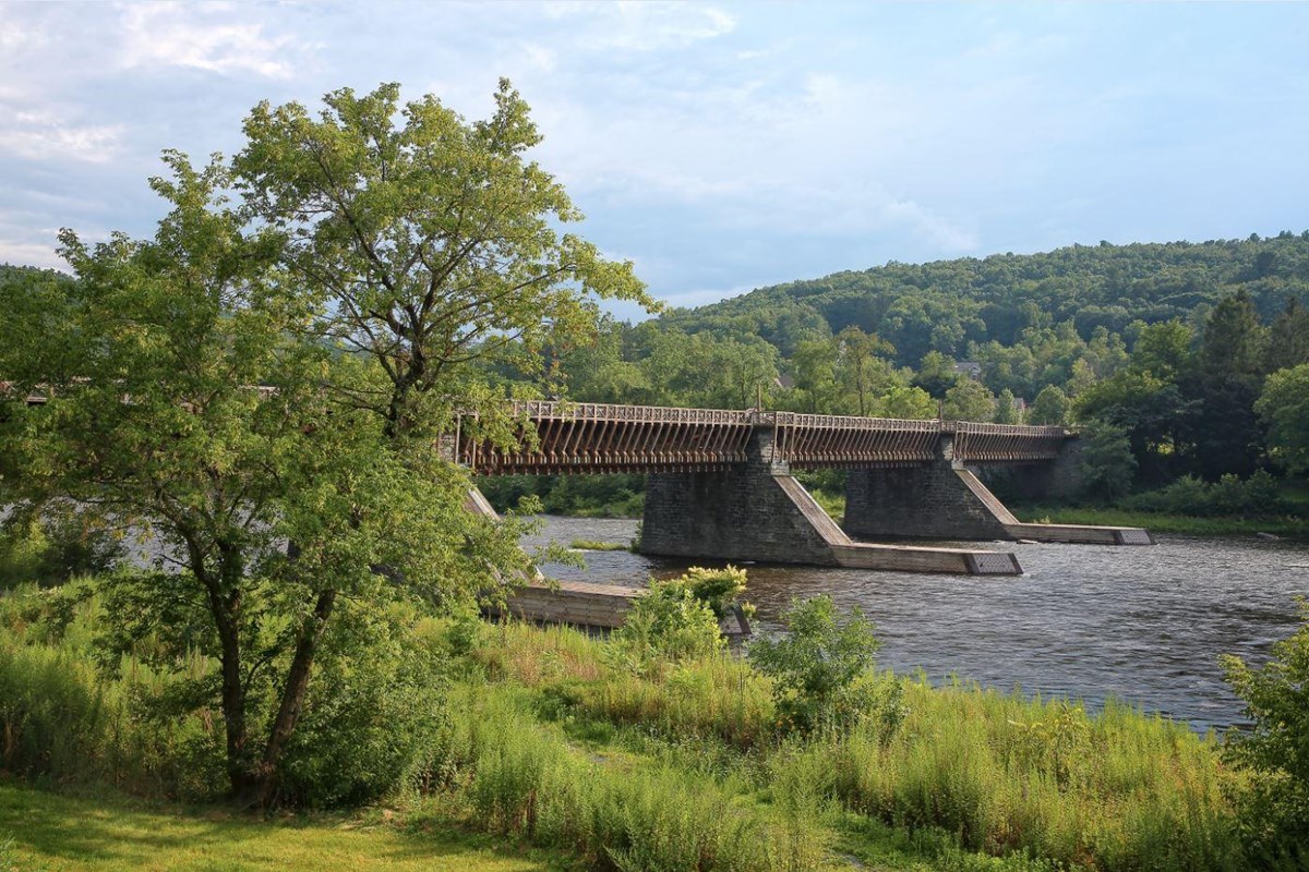 Roebling Bridge upstream view with ice breakers