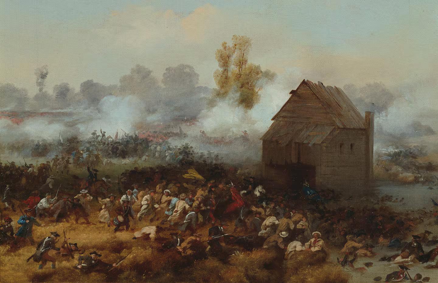 An 1858 painting of the battle of Long Island. Soldiers swarming around a colonial era house