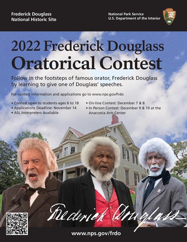 Image of ad for Oratorical Contest with large text, blue sky, clouds, house, trees, and three men