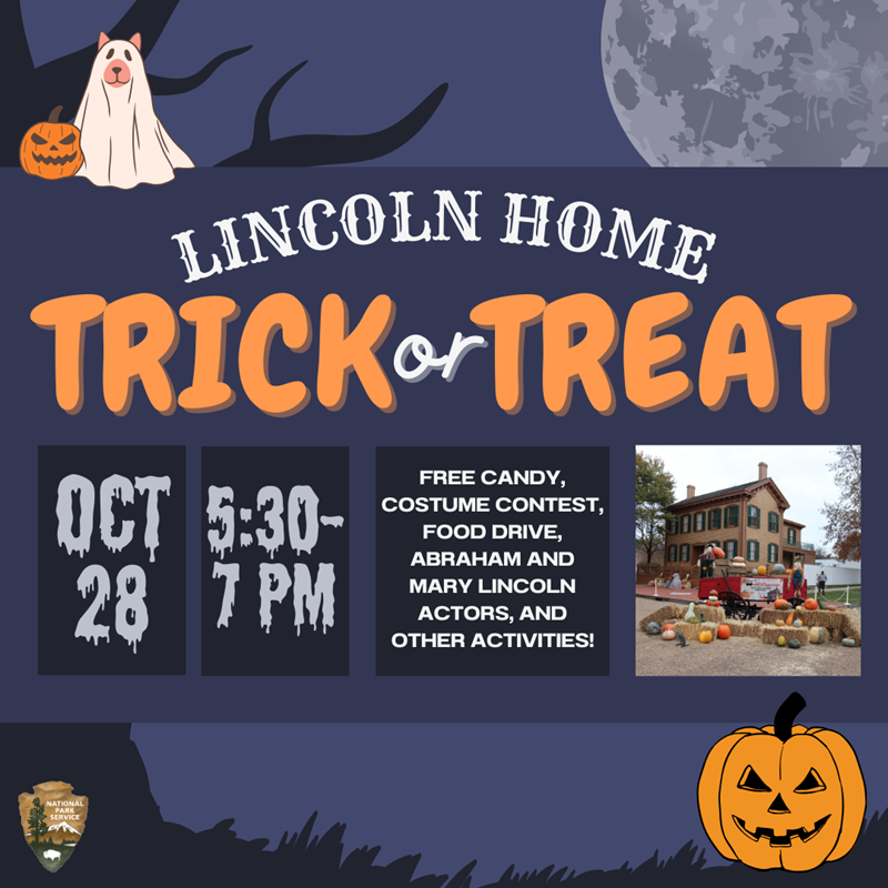 A spooky, Halloween graphic advertising the Lincoln Home Halloween event with a jack-o-lantern.