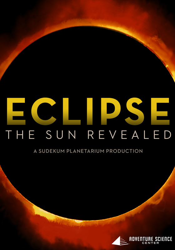 A black circle surrounded by a ring of orange and yellow solar flares. The words 