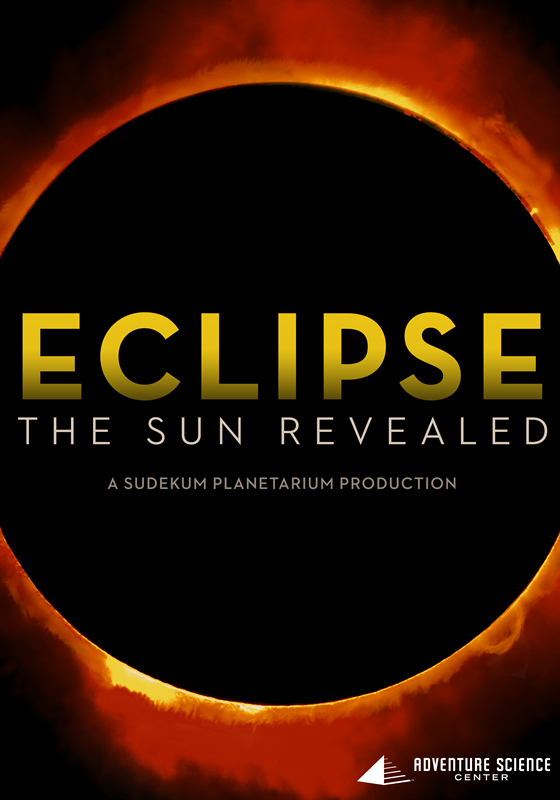 A black circle surrounded by a ring of orange and yellow solar flares. The words