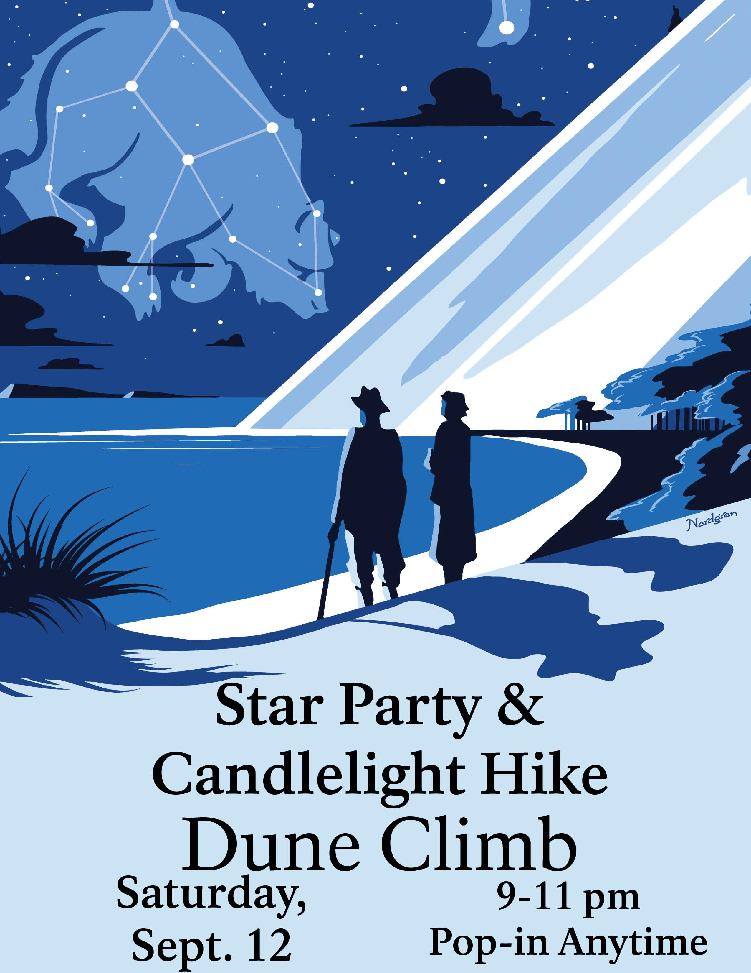 Illustration in shades of blue of a bear constellation over a sand dune and lake with two people.