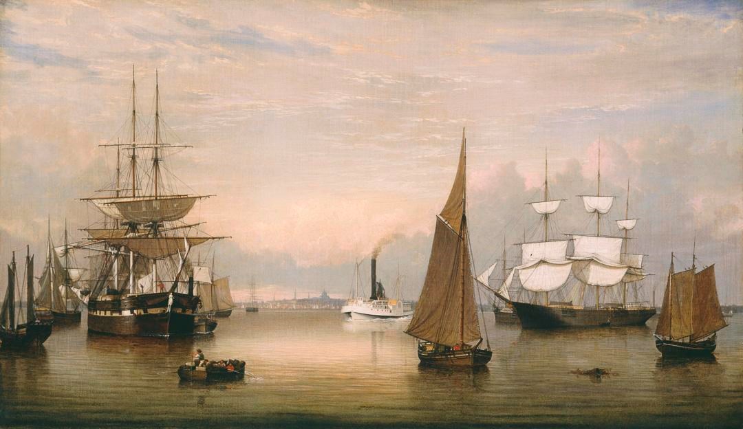 A painting of multiple ships located in a harbor with a cloudy background.