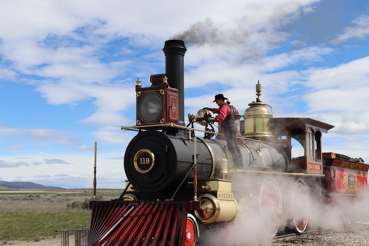 No 119 a red a black victorian steam locomotive at promontory utah