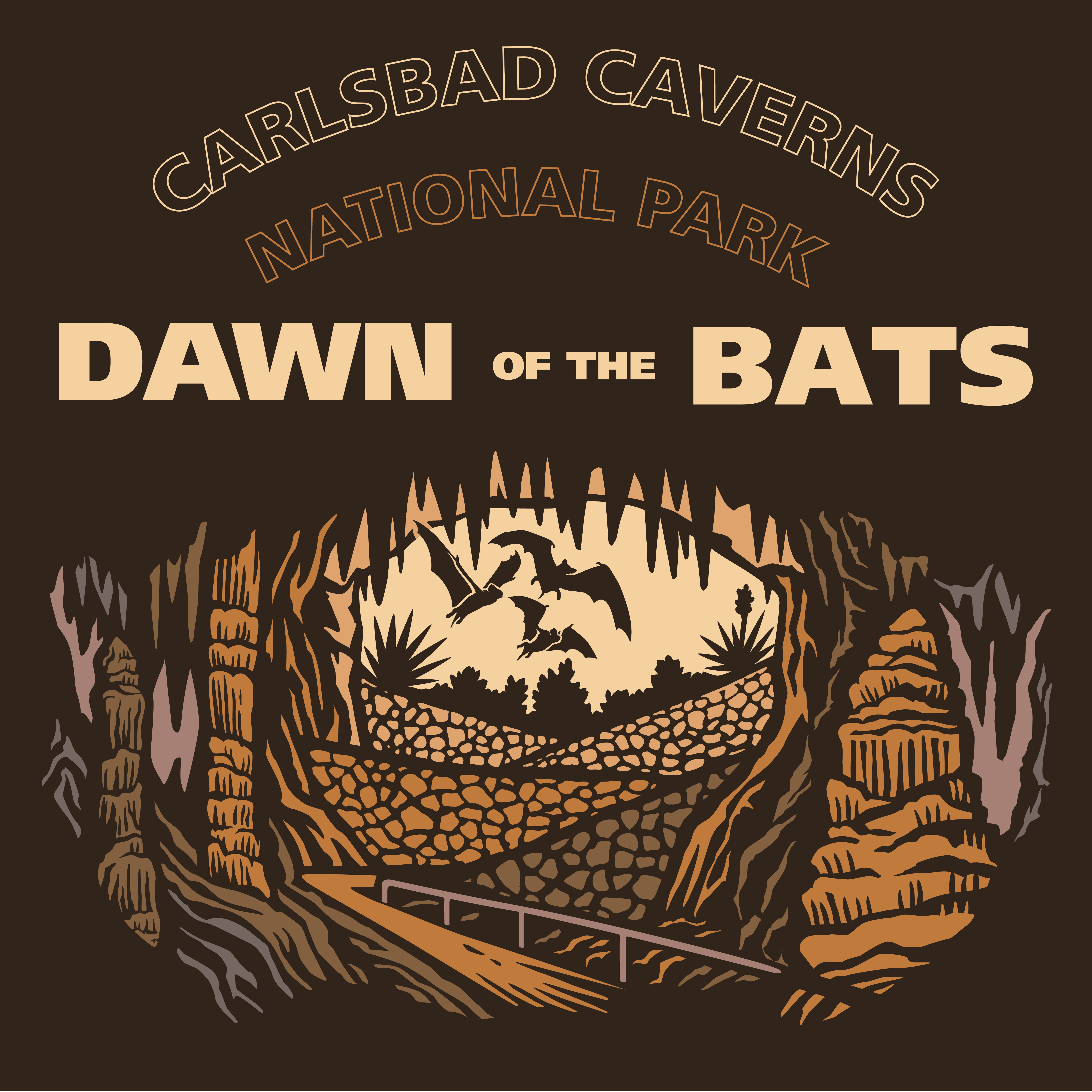 an illustration of bats flying back into the cave. there are a variety of cave formations around