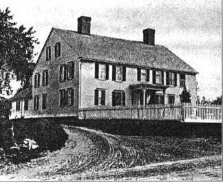 A historic illustration of a colonial home in black and white