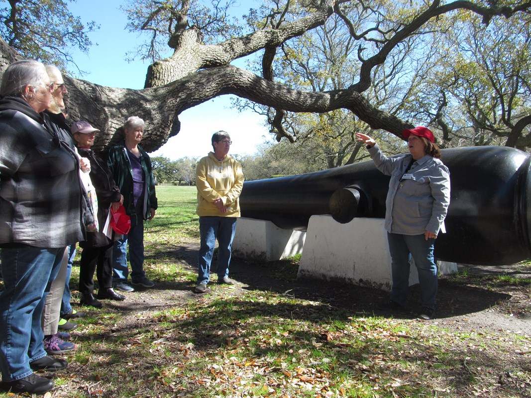 Guided tour stops to talk about live oaks on the Parade Ground in front of a large cannon.