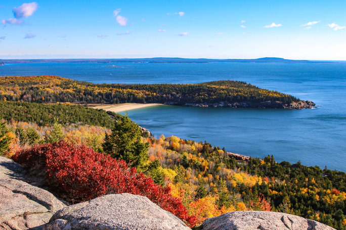A summit view overlooking a deciduous forest with early fall colors alongside the open ocean.
