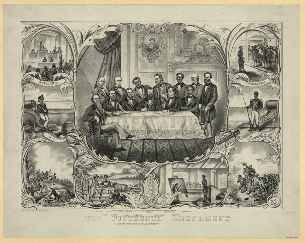 engraving with 13 men seated at table. Man in center signs document. Smaller images surround scene