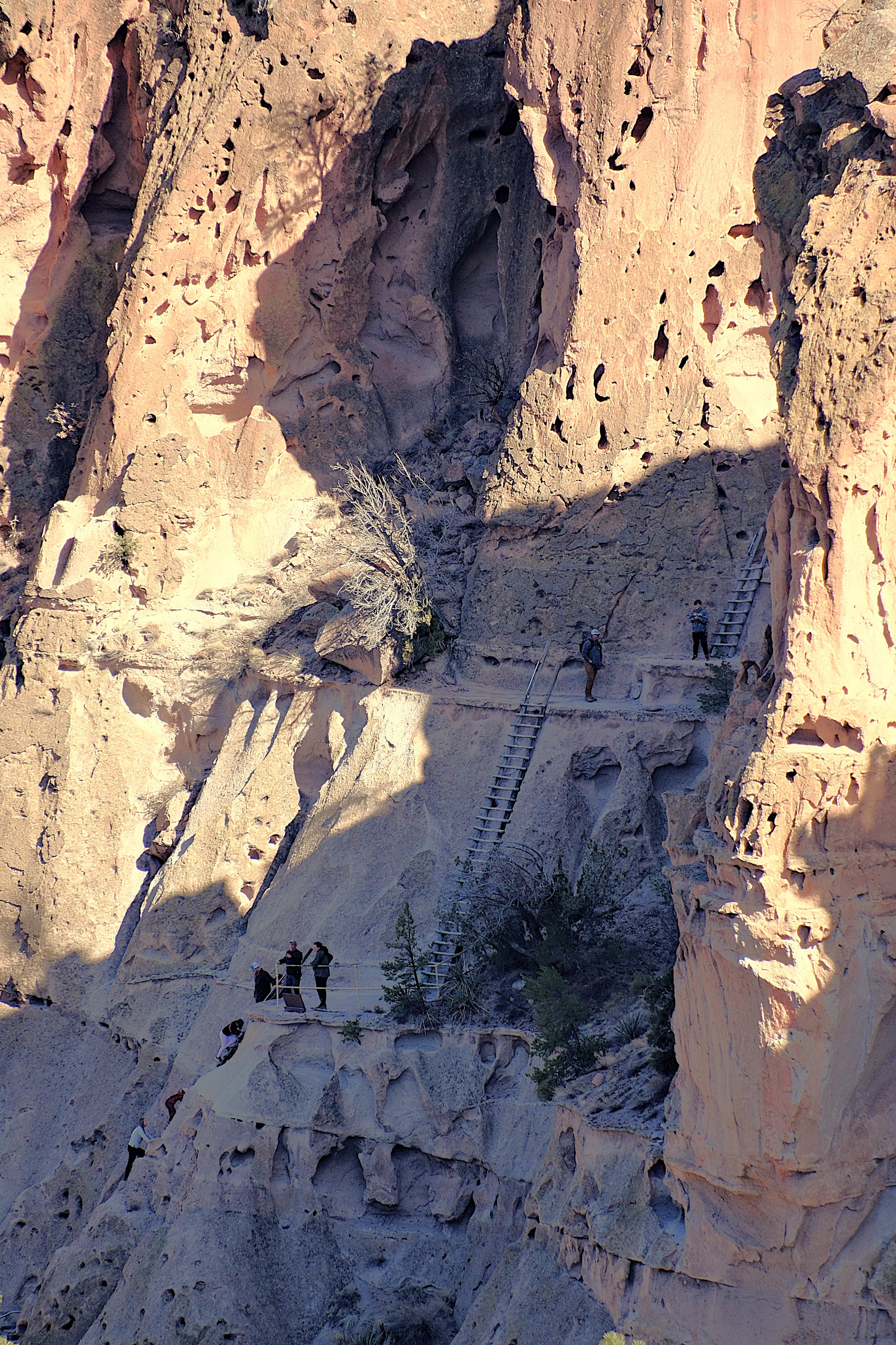 People stand beneath a series of tall, wooden ladders climbing a cliff to an alcove.