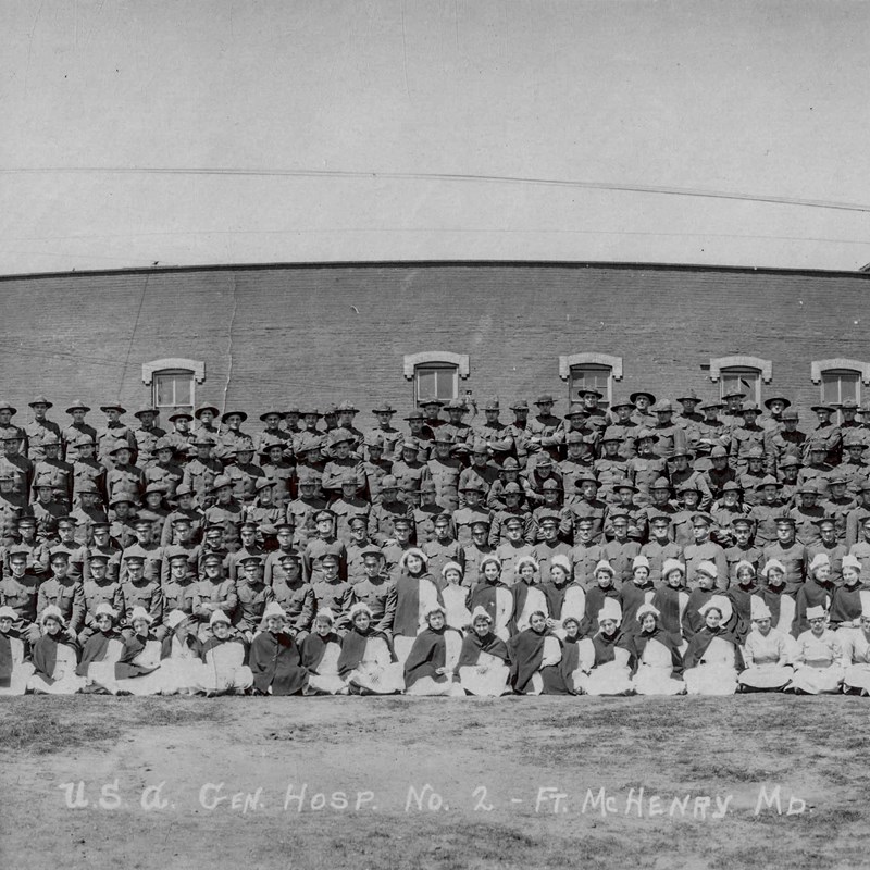 Staff members of General Hospital No. 2 assembled in Fort McHenry