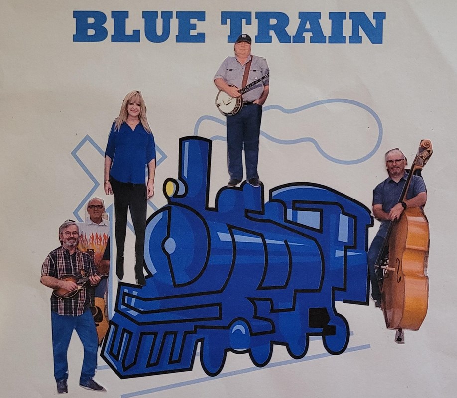 Drawing of a blue train with cut outs of five musicians standing on and around it.